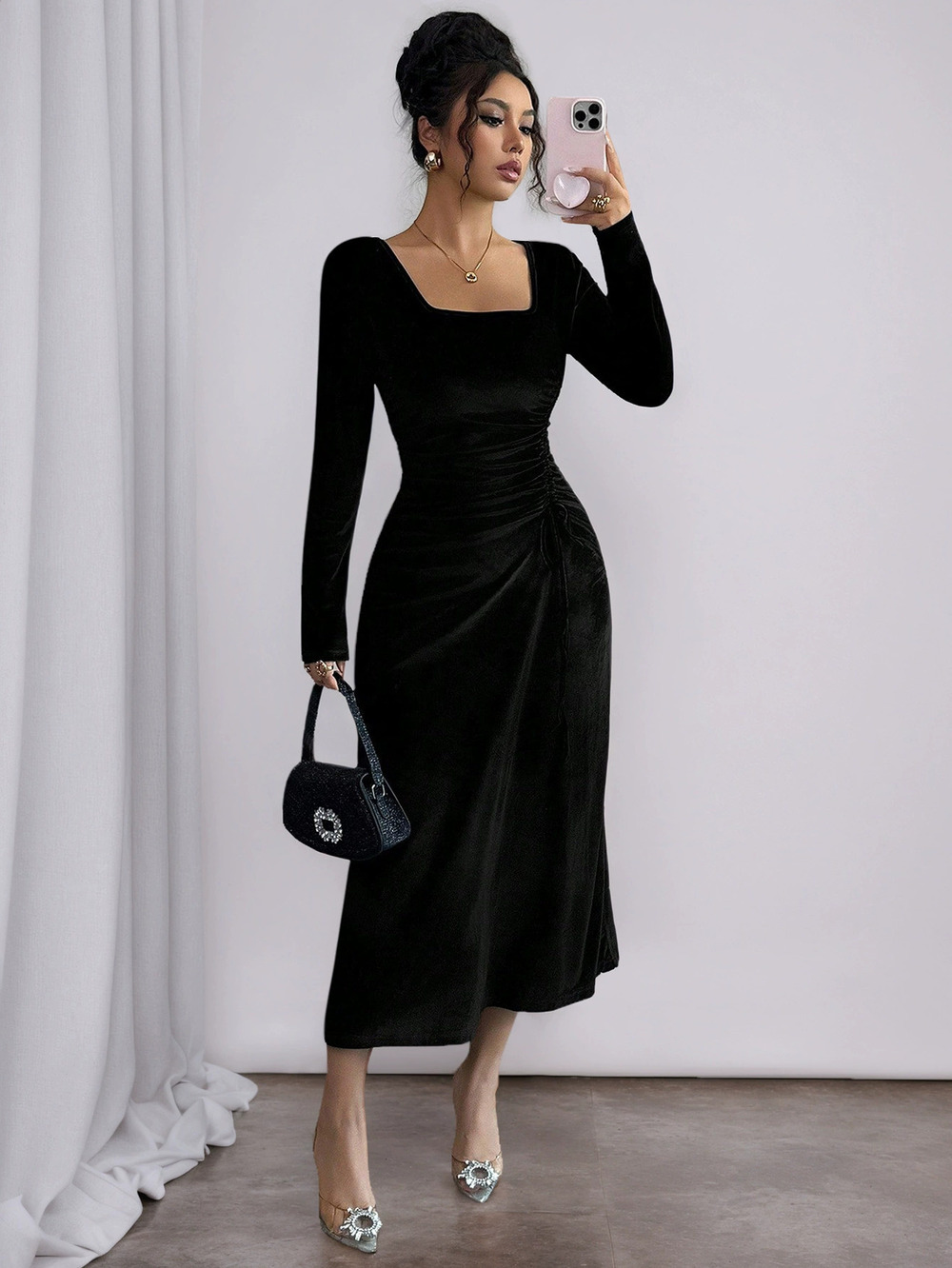 ZARA Black Velvet Square Neck Dress Slim Fit Waist Pleats Date Vacation